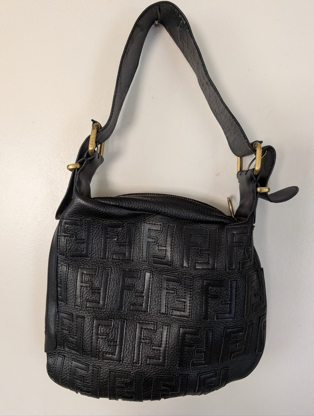 Fendi Nappa Black Leather FF 1974 Embossed Bag